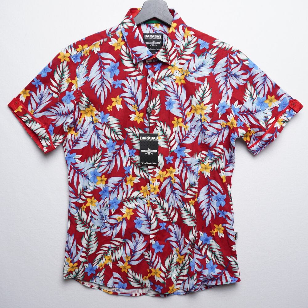 Barabas Red Floral Shirt M Linen Cotton Hawaiian Tropical NWT‎